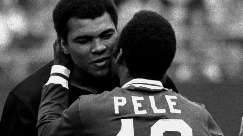 Muhammad Ali and Pele on TV in black and white broadcast