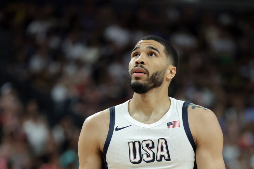 Athlete in Team USA colors looking forward