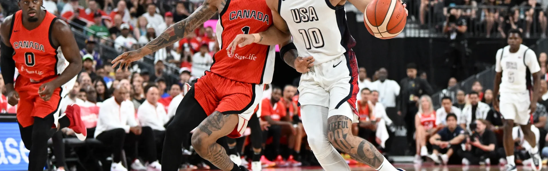 Basketball player shooting under pressure during international competition