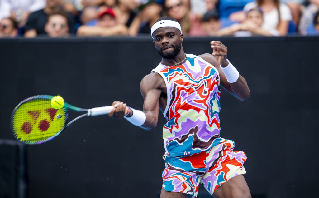 Frances Tiafoe during intense moment in tennis match